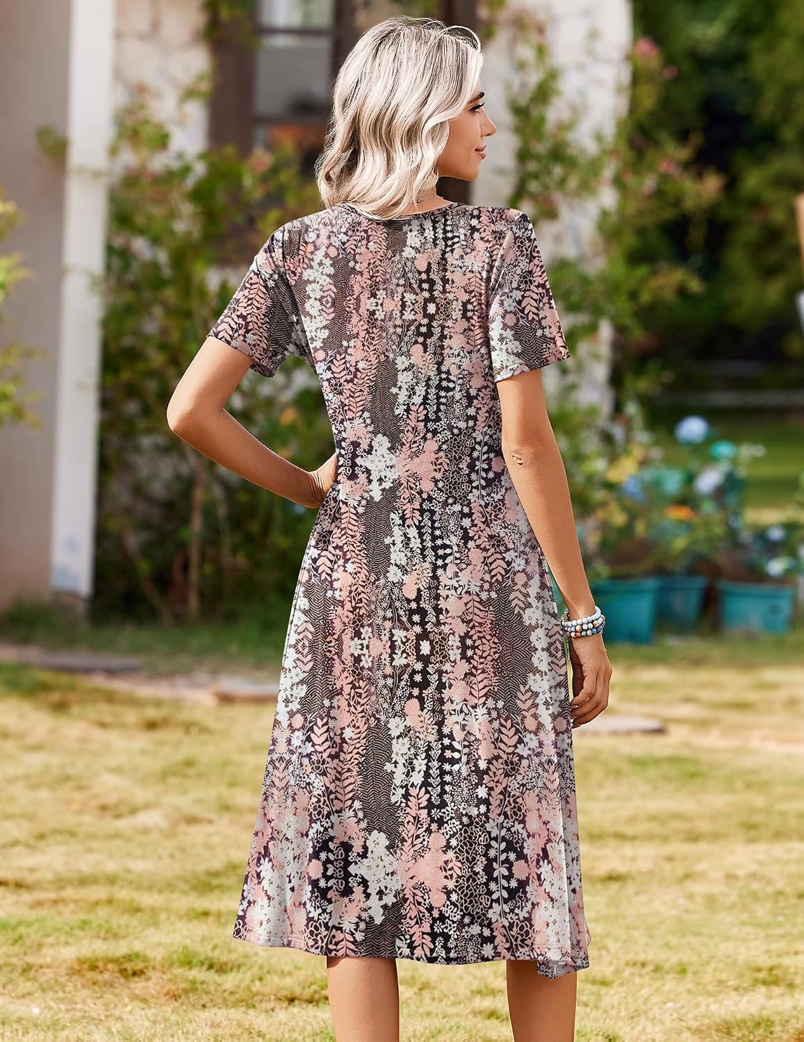 image:imageZeagoo Summer Dresses for Women 2026 Casual Short Sleeve Aline Midi Dress with Pocket Flowy Pleated Tshirt Beach SundressXh265
