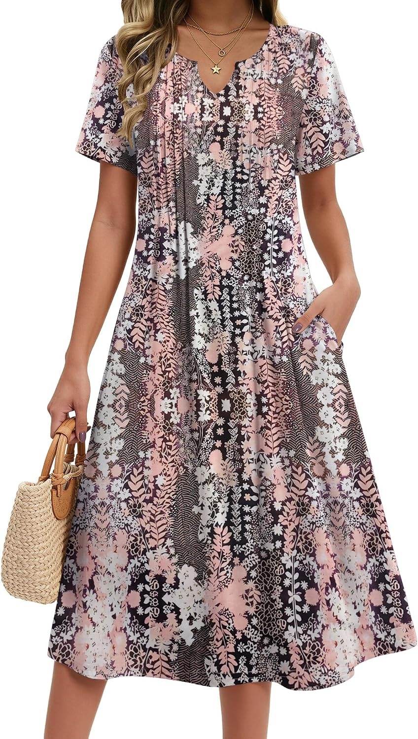 image:imageZeagoo Summer Dresses for Women 2026 Casual Short Sleeve Aline Midi Dress with Pocket Flowy Pleated Tshirt Beach SundressXh265