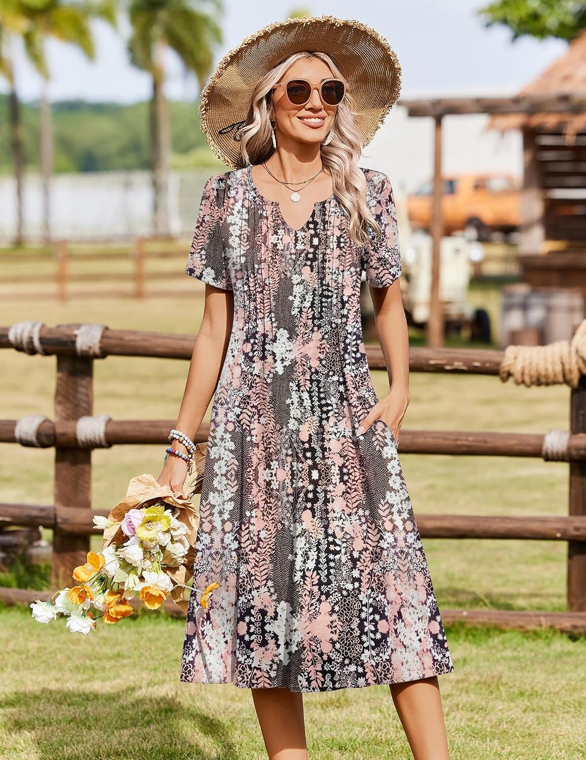 image:imageZeagoo Summer Dresses for Women 2026 Casual Short Sleeve Aline Midi Dress with Pocket Flowy Pleated Tshirt Beach SundressXh265