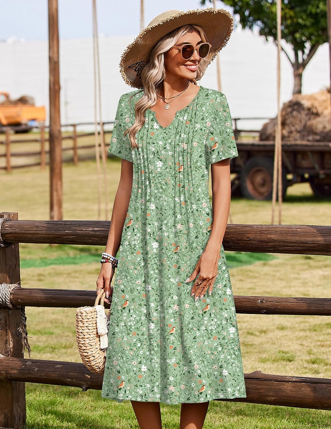 image:imageZeagoo Summer Dresses for Women 2026 Casual Short Sleeve Aline Midi Dress with Pocket Flowy Pleated Tshirt Beach SundressXh534