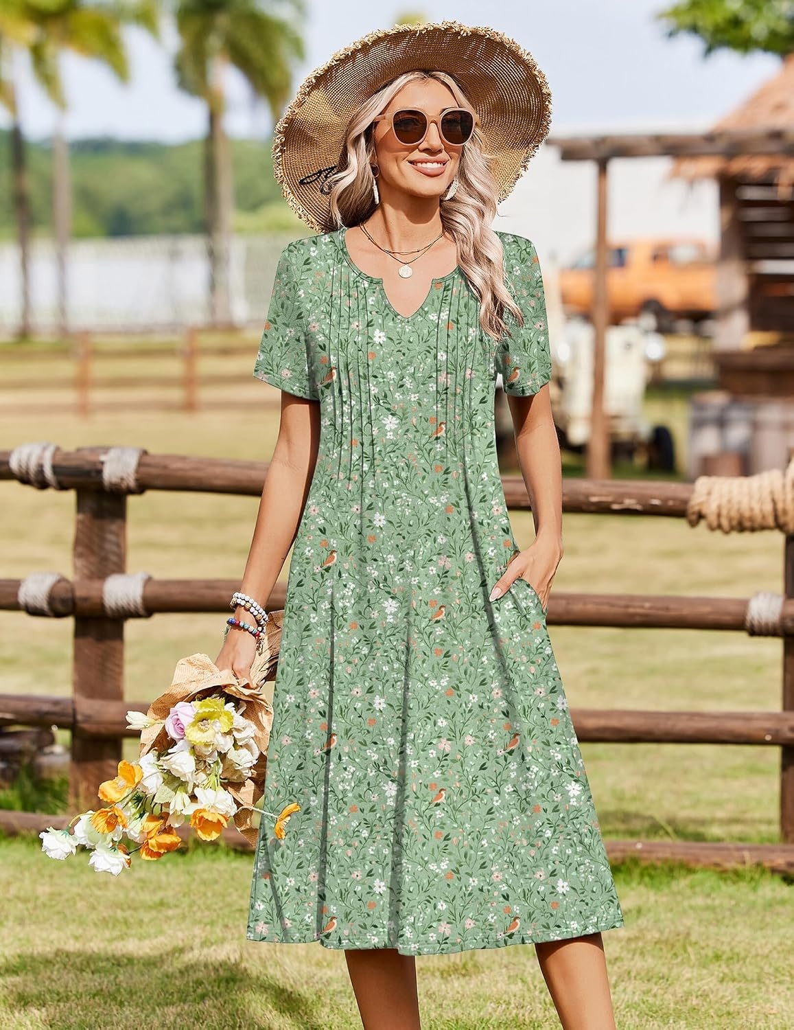 image:imageZeagoo Summer Dresses for Women 2026 Casual Short Sleeve Aline Midi Dress with Pocket Flowy Pleated Tshirt Beach SundressXh534