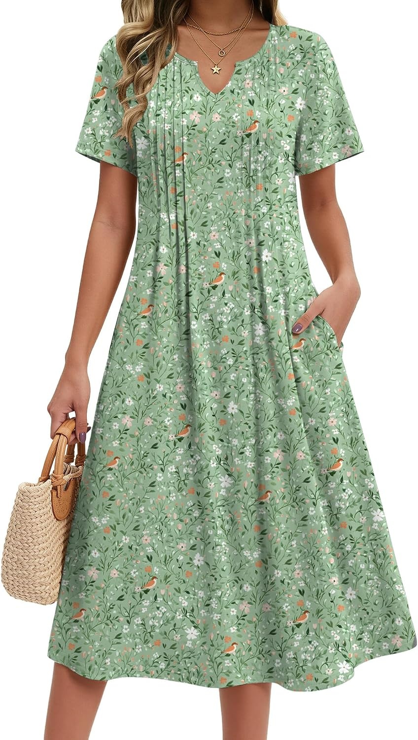 image:imageZeagoo Summer Dresses for Women 2026 Casual Short Sleeve Aline Midi Dress with Pocket Flowy Pleated Tshirt Beach SundressXh534