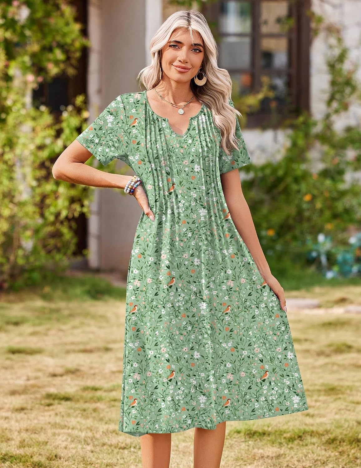 image:imageZeagoo Summer Dresses for Women 2026 Casual Short Sleeve Aline Midi Dress with Pocket Flowy Pleated Tshirt Beach SundressXh534