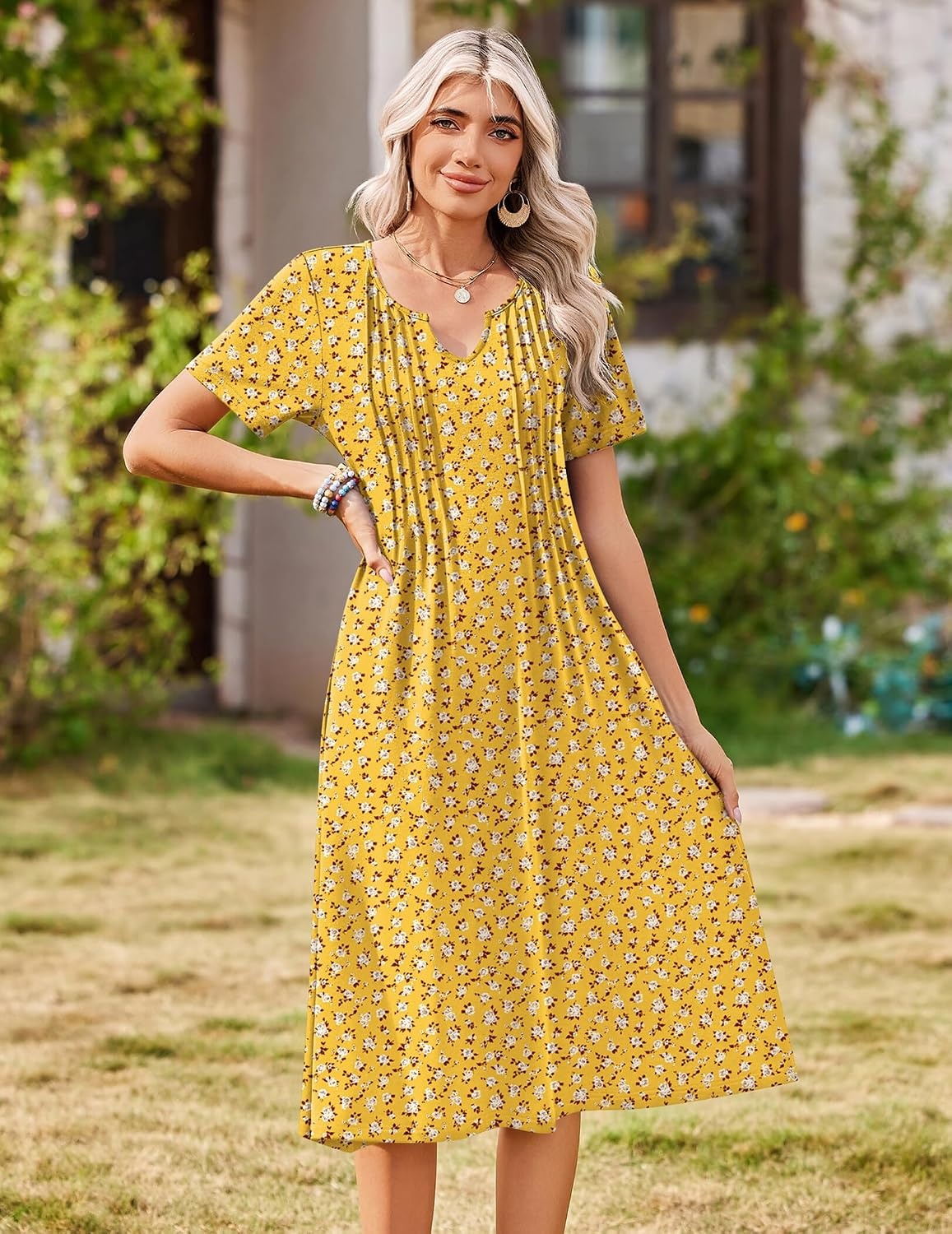 image:imageZeagoo Summer Dresses for Women 2026 Casual Short Sleeve Aline Midi Dress with Pocket Flowy Pleated Tshirt Beach SundressYellow Floral
