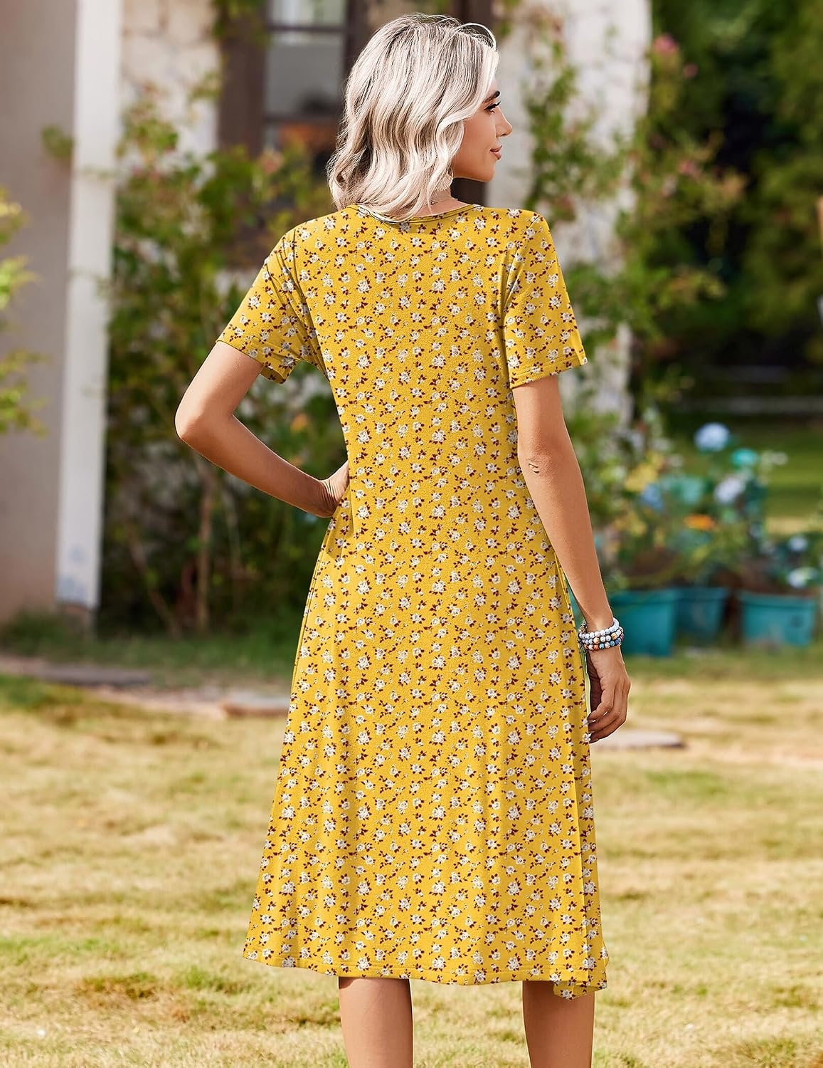 image:imageZeagoo Summer Dresses for Women 2026 Casual Short Sleeve Aline Midi Dress with Pocket Flowy Pleated Tshirt Beach SundressYellow Floral