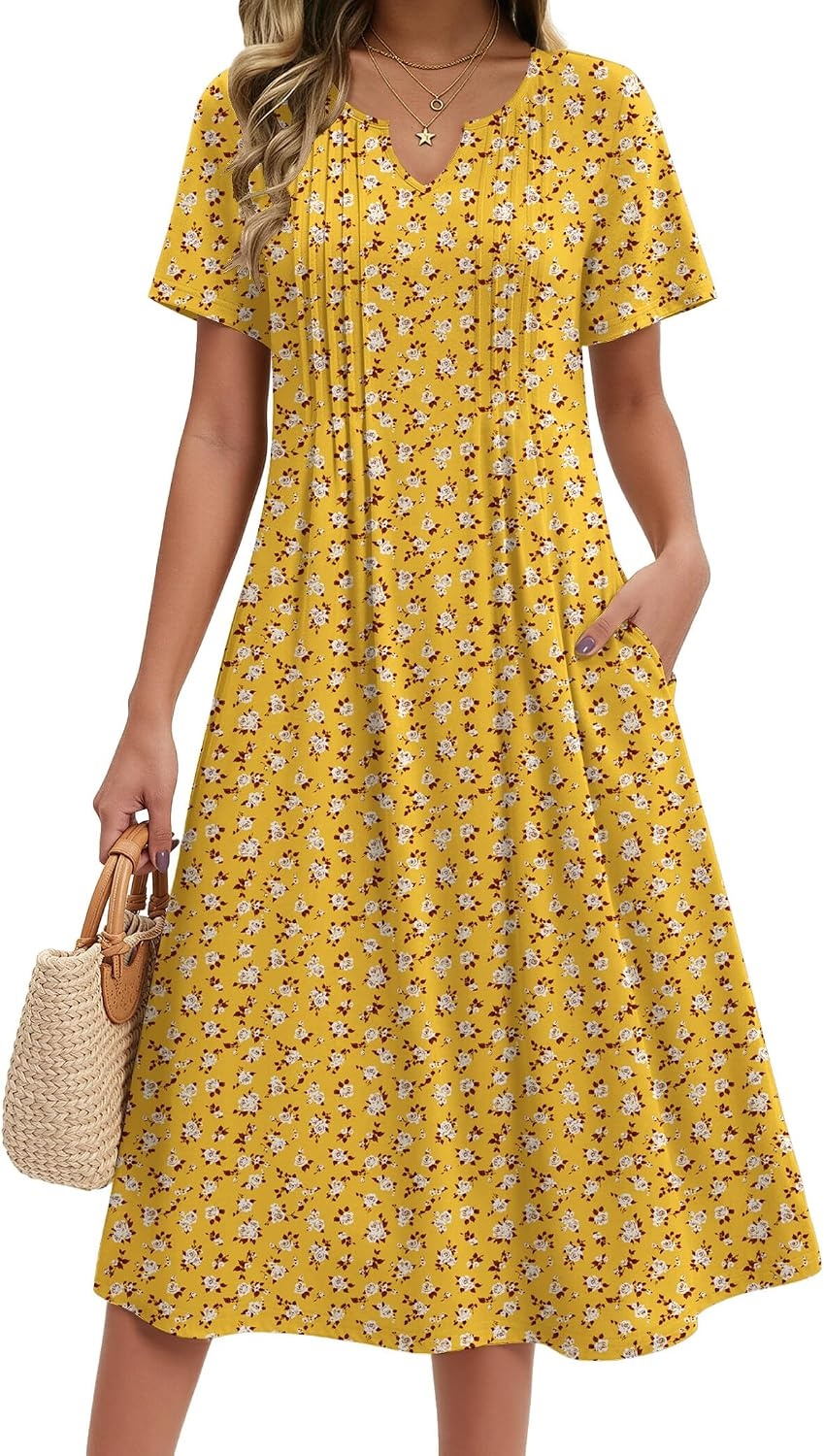 image:imageZeagoo Summer Dresses for Women 2026 Casual Short Sleeve Aline Midi Dress with Pocket Flowy Pleated Tshirt Beach SundressYellow Floral