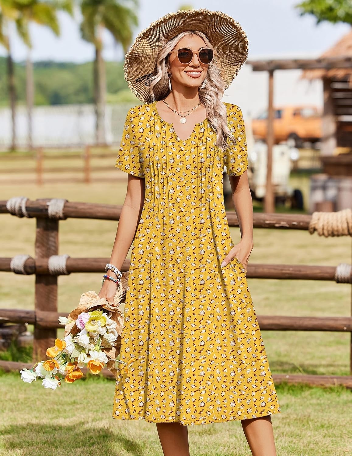 image:imageZeagoo Summer Dresses for Women 2026 Casual Short Sleeve Aline Midi Dress with Pocket Flowy Pleated Tshirt Beach SundressYellow Floral