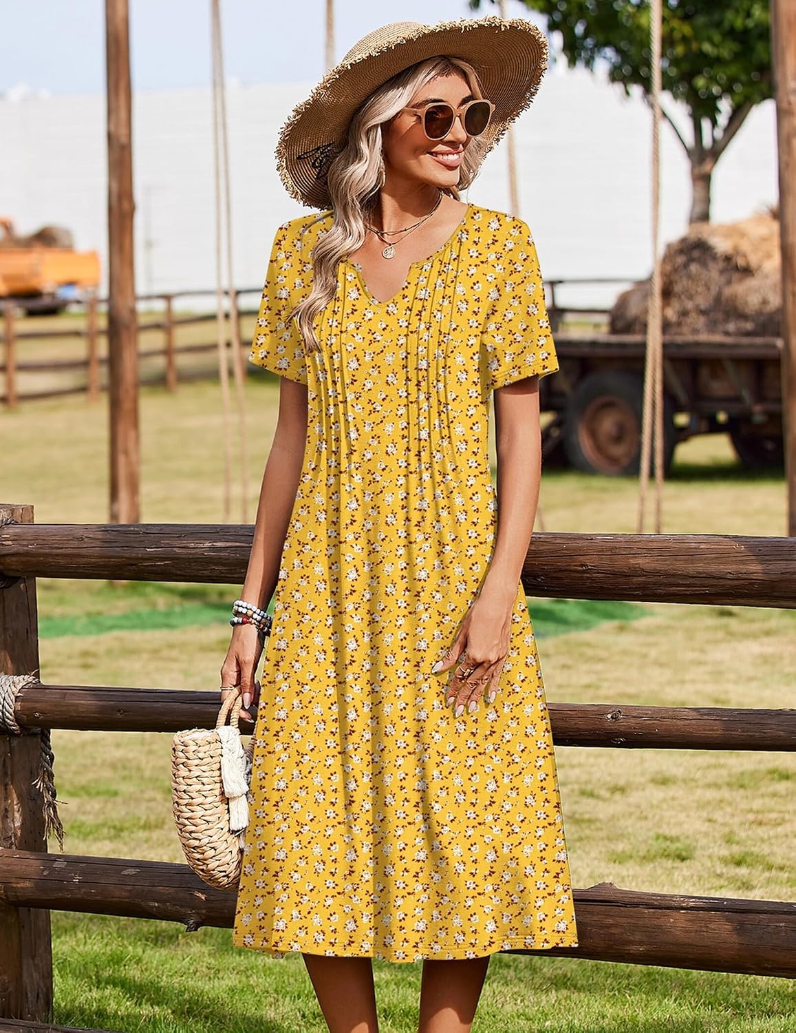 image:imageZeagoo Summer Dresses for Women 2026 Casual Short Sleeve Aline Midi Dress with Pocket Flowy Pleated Tshirt Beach SundressYellow Floral