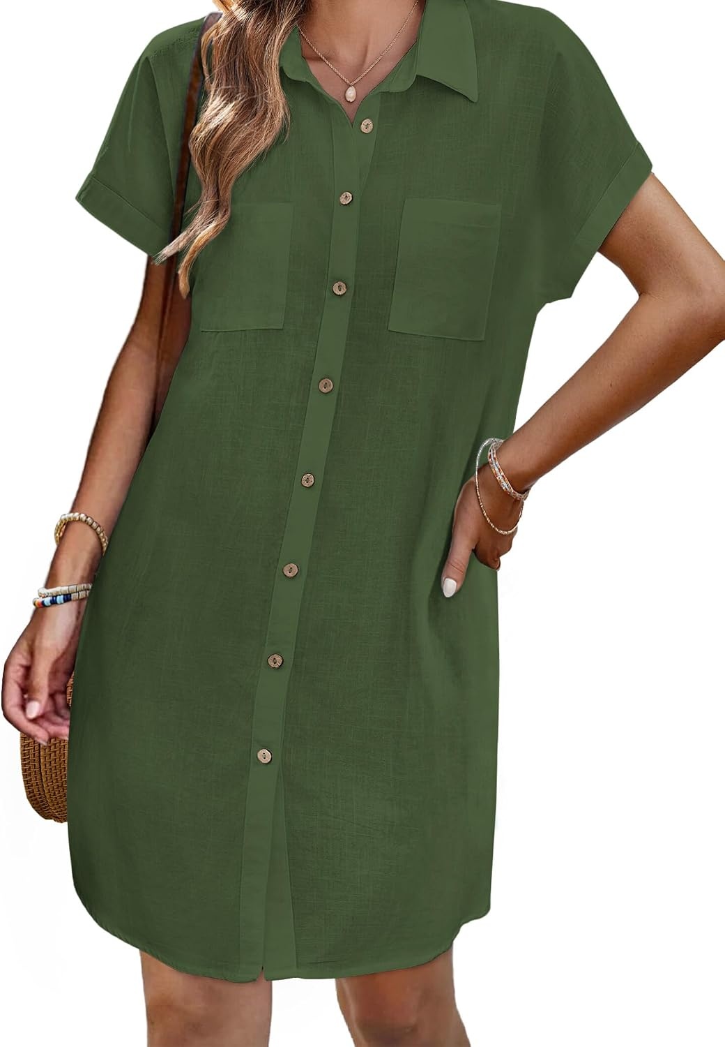 image:imageZeagoo Summer Dresses for Women 2026 Cotton Button Down Short Sleeve Tshirt Dresses Casual Mini Beach DressArmy Green