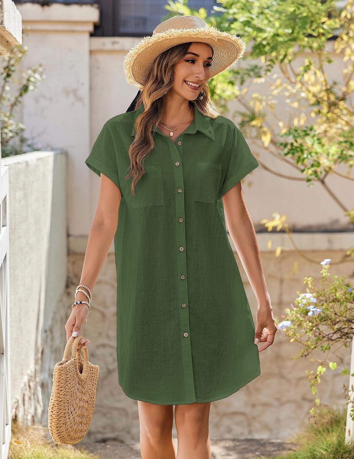 image:imageZeagoo Summer Dresses for Women 2026 Cotton Button Down Short Sleeve Tshirt Dresses Casual Mini Beach DressArmy Green