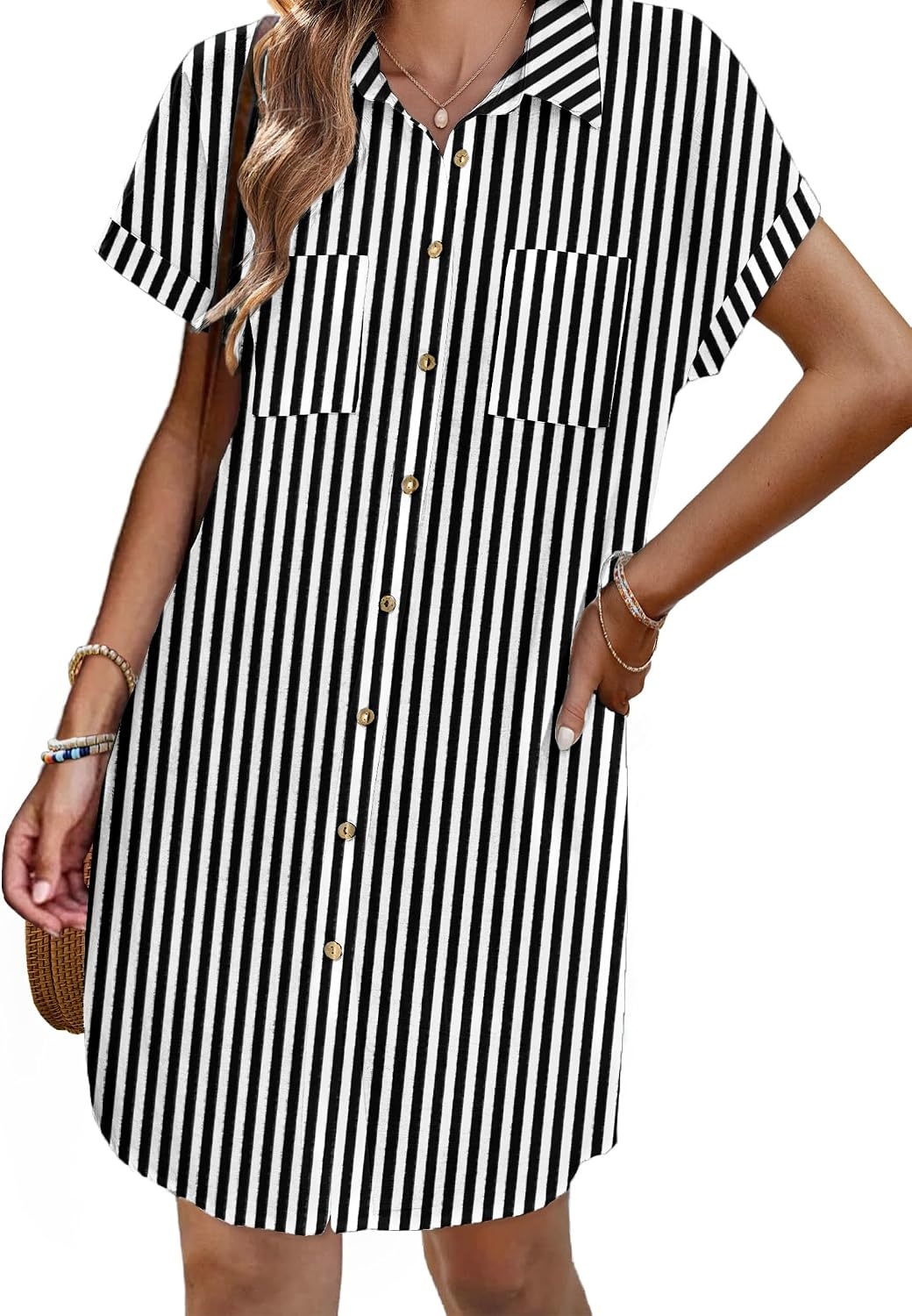 image:imageZeagoo Summer Dresses for Women 2026 Cotton Button Down Short Sleeve Tshirt Dresses Casual Mini Beach DressBlackwhite Stripe 02