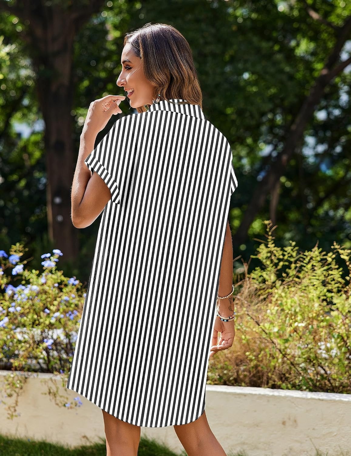 image:imageZeagoo Summer Dresses for Women 2026 Cotton Button Down Short Sleeve Tshirt Dresses Casual Mini Beach DressBlackwhite Stripe 02