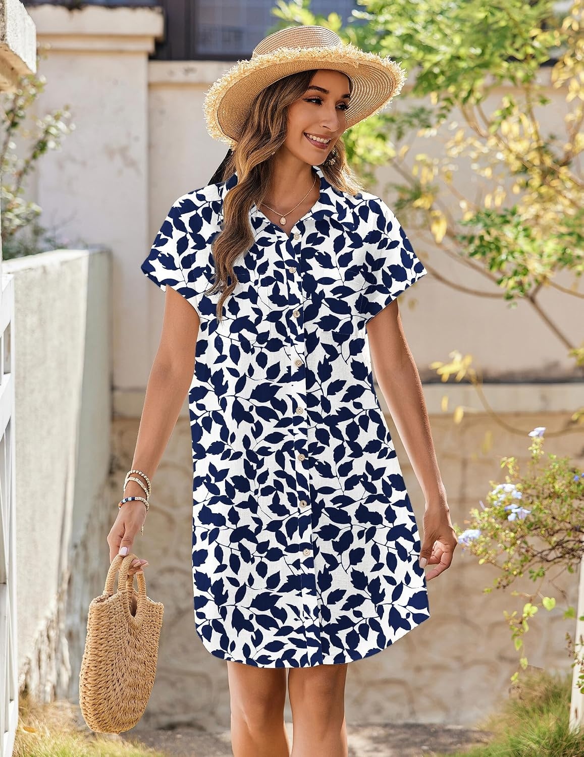 image:imageZeagoo Summer Dresses for Women 2026 Cotton Button Down Short Sleeve Tshirt Dresses Casual Mini Beach DressBlue Leaf Print