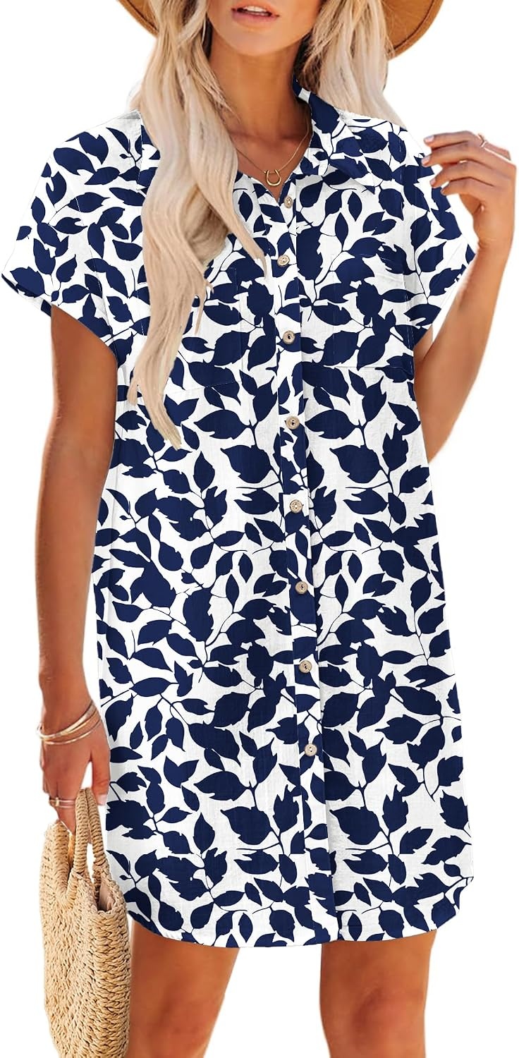 image:imageZeagoo Summer Dresses for Women 2026 Cotton Button Down Short Sleeve Tshirt Dresses Casual Mini Beach DressBlue Leaf Print