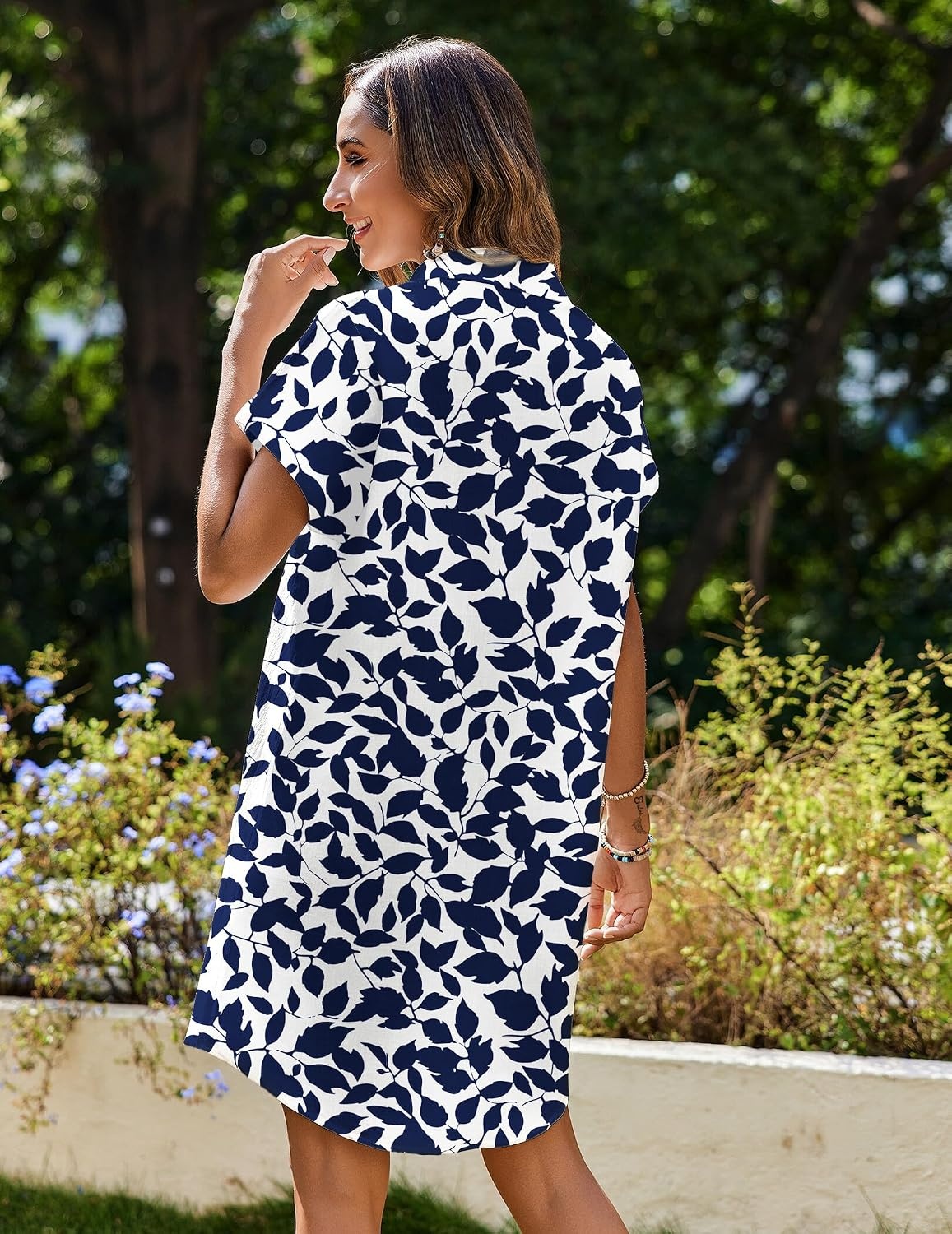 image:imageZeagoo Summer Dresses for Women 2026 Cotton Button Down Short Sleeve Tshirt Dresses Casual Mini Beach DressBlue Leaf Print