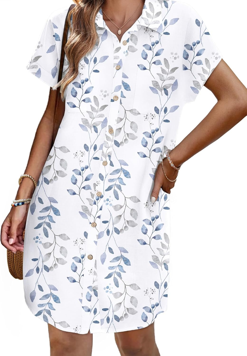 image:imageZeagoo Summer Dresses for Women 2026 Cotton Button Down Short Sleeve Tshirt Dresses Casual Mini Beach DressBlue White Floral