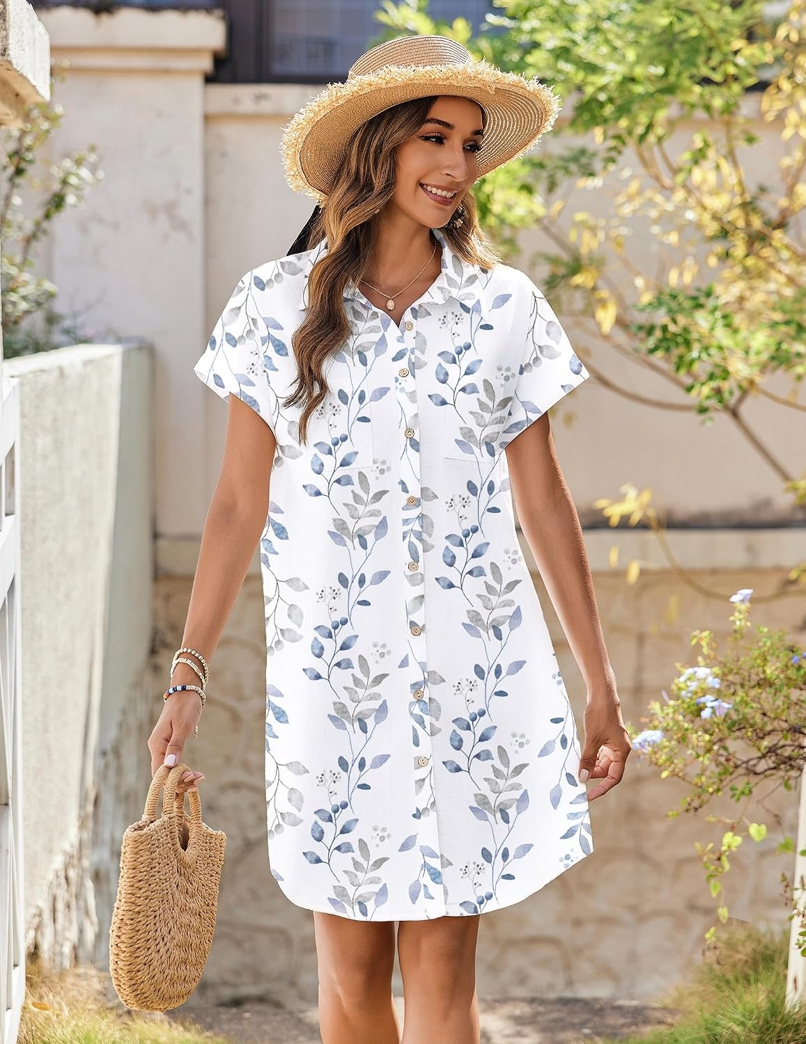 image:imageZeagoo Summer Dresses for Women 2026 Cotton Button Down Short Sleeve Tshirt Dresses Casual Mini Beach DressBlue White Floral