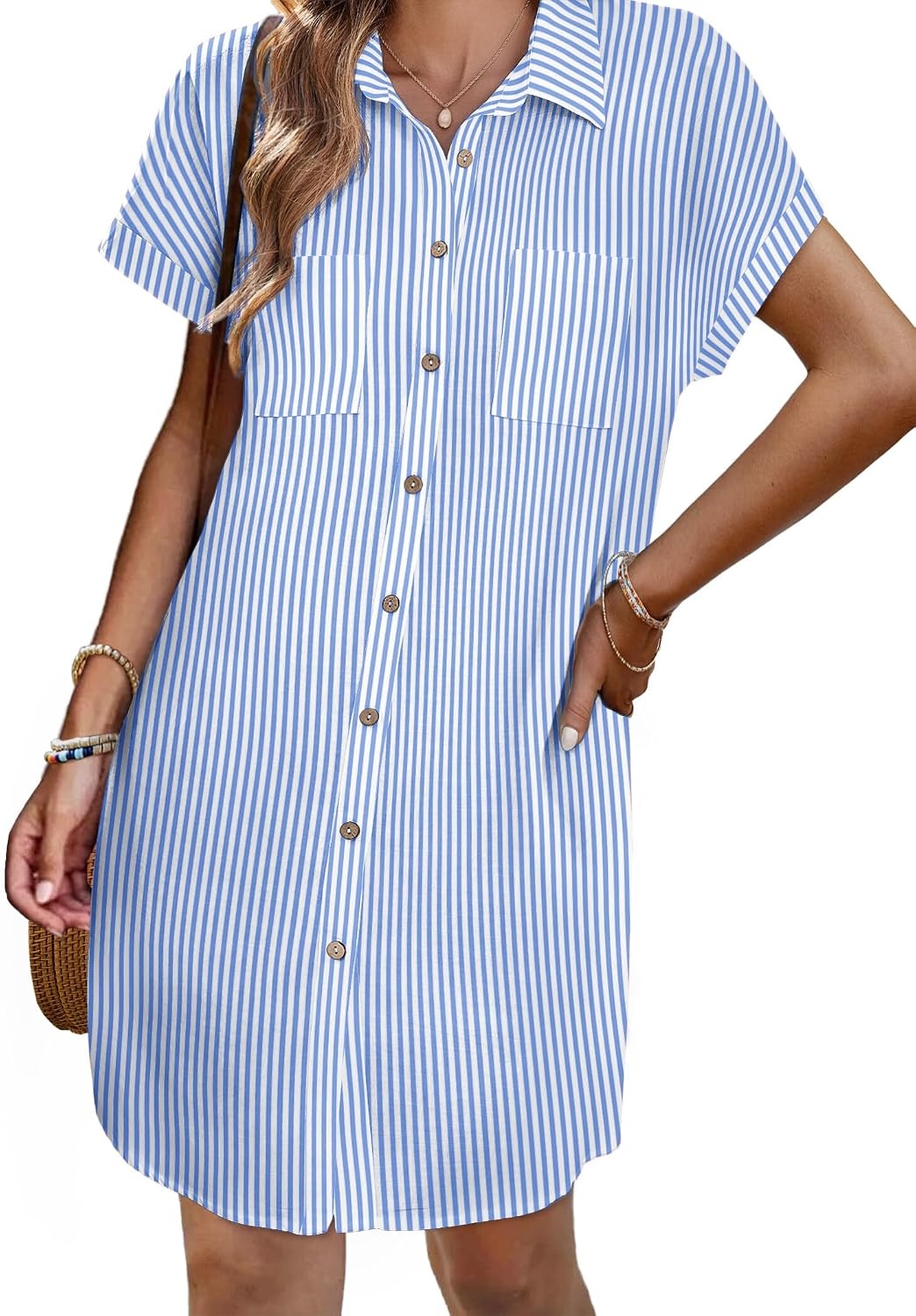 image:imageZeagoo Summer Dresses for Women 2026 Cotton Button Down Short Sleeve Tshirt Dresses Casual Mini Beach DressBluewhite Stripe