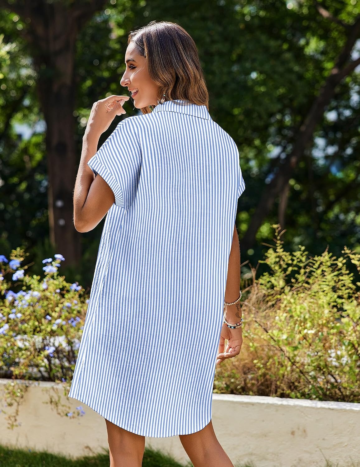 image:imageZeagoo Summer Dresses for Women 2026 Cotton Button Down Short Sleeve Tshirt Dresses Casual Mini Beach DressBluewhite Stripe