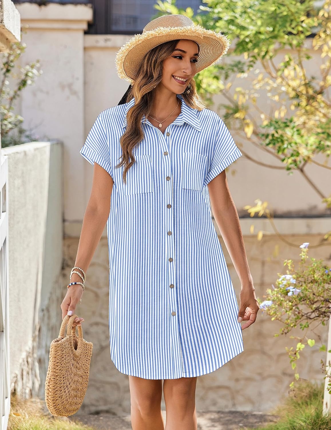 image:imageZeagoo Summer Dresses for Women 2026 Cotton Button Down Short Sleeve Tshirt Dresses Casual Mini Beach DressBluewhite Stripe