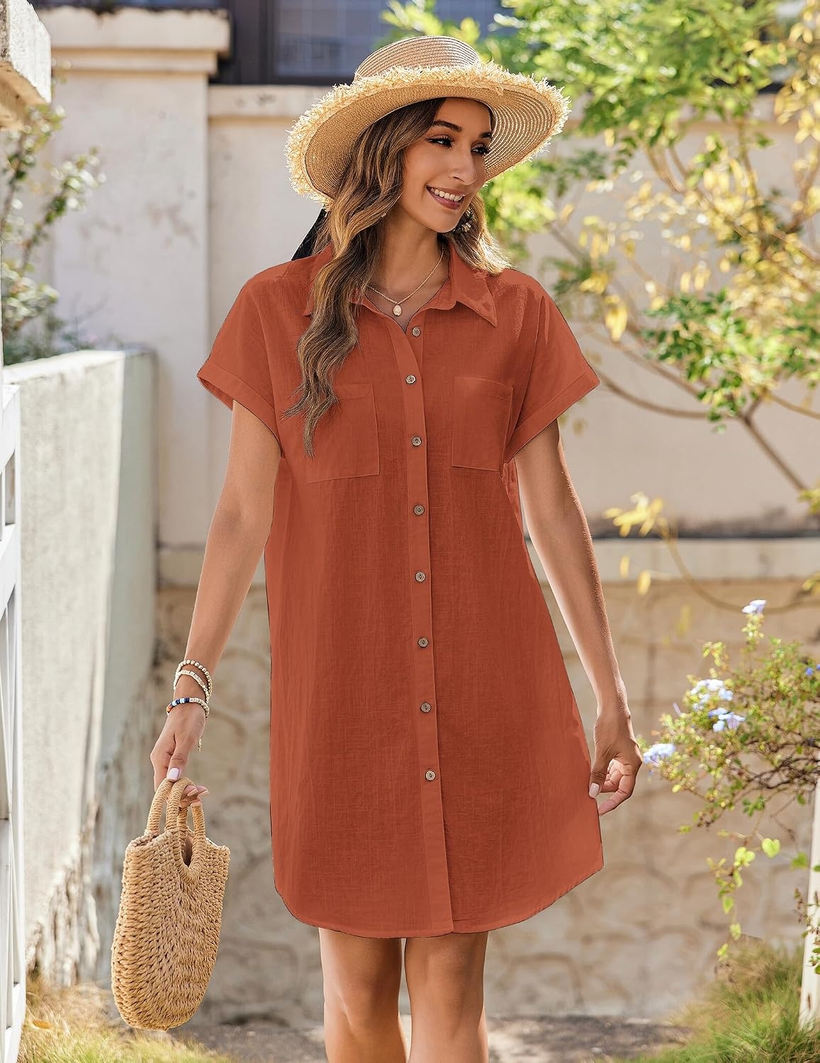 image:imageZeagoo Summer Dresses for Women 2026 Cotton Button Down Short Sleeve Tshirt Dresses Casual Mini Beach DressBrick Red