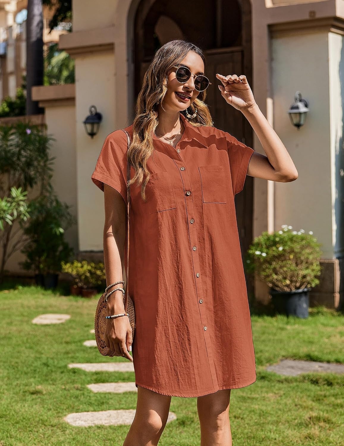 image:imageZeagoo Summer Dresses for Women 2026 Cotton Button Down Short Sleeve Tshirt Dresses Casual Mini Beach DressBrick Red