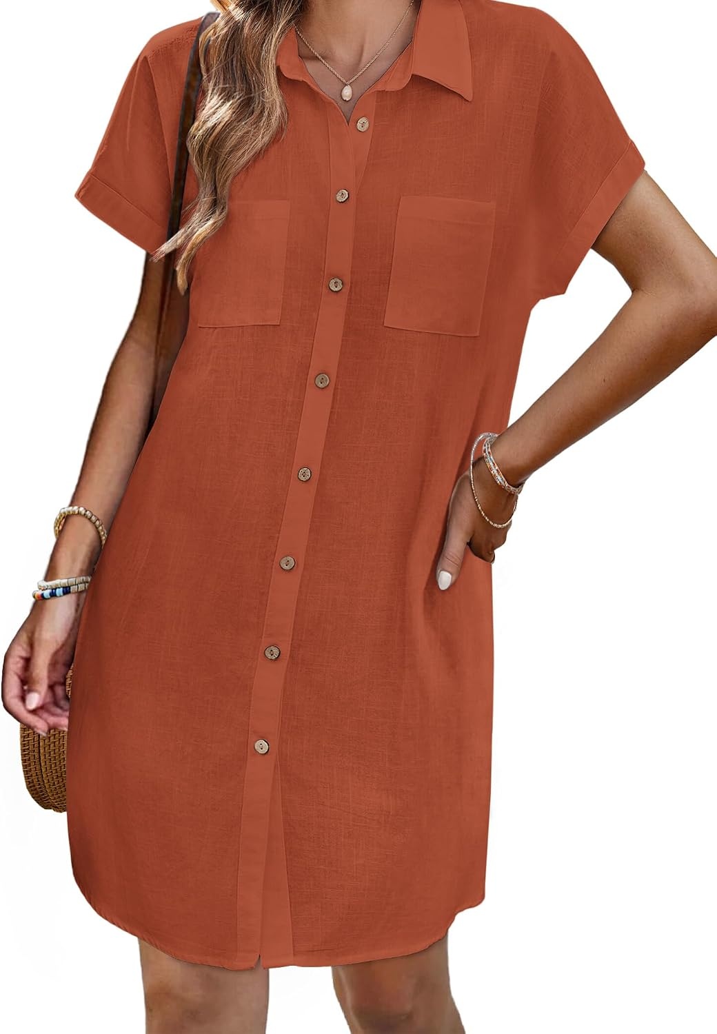 image:imageZeagoo Summer Dresses for Women 2026 Cotton Button Down Short Sleeve Tshirt Dresses Casual Mini Beach DressBrick Red