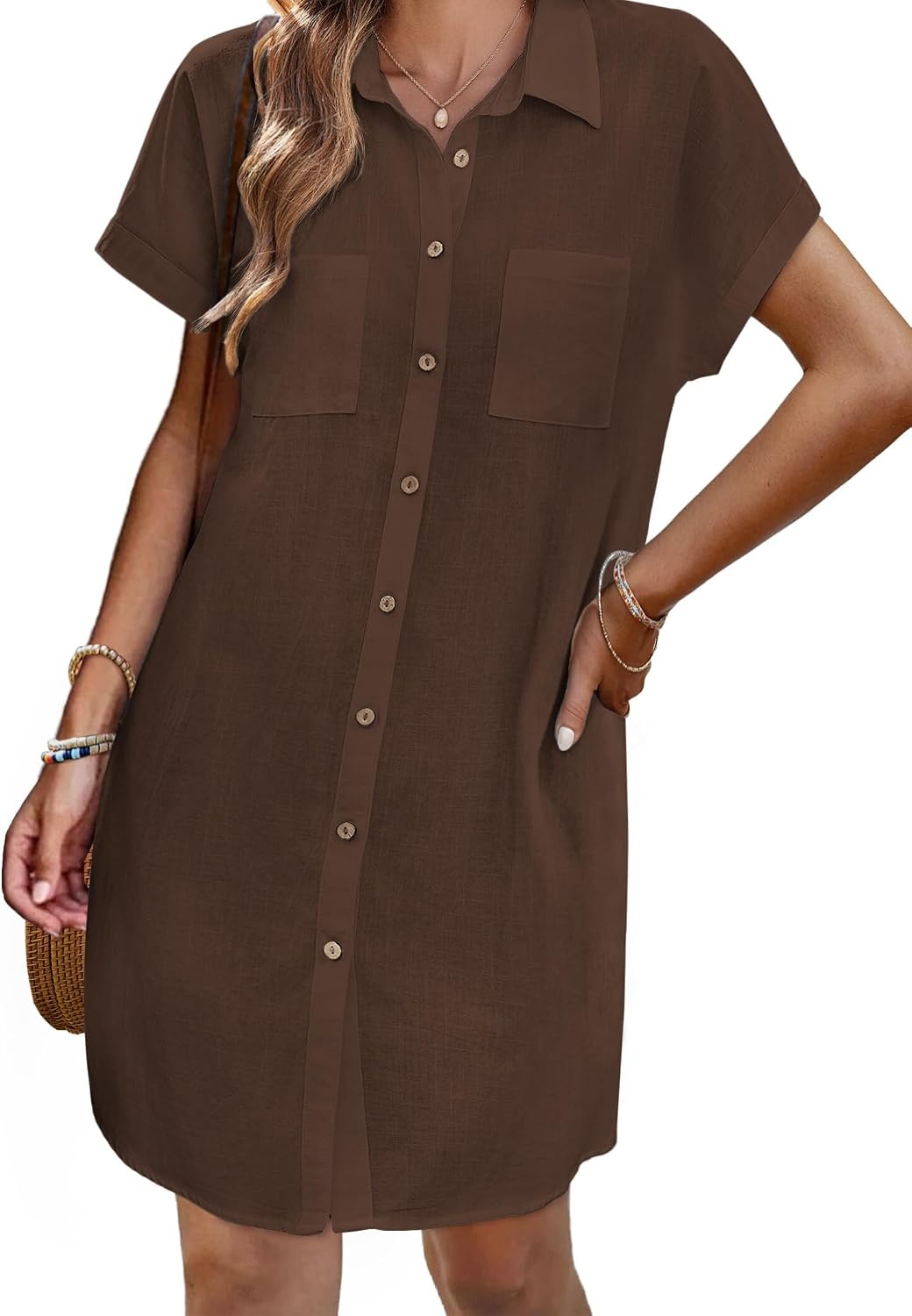 image:imageZeagoo Summer Dresses for Women 2026 Cotton Button Down Short Sleeve Tshirt Dresses Casual Mini Beach DressBrown