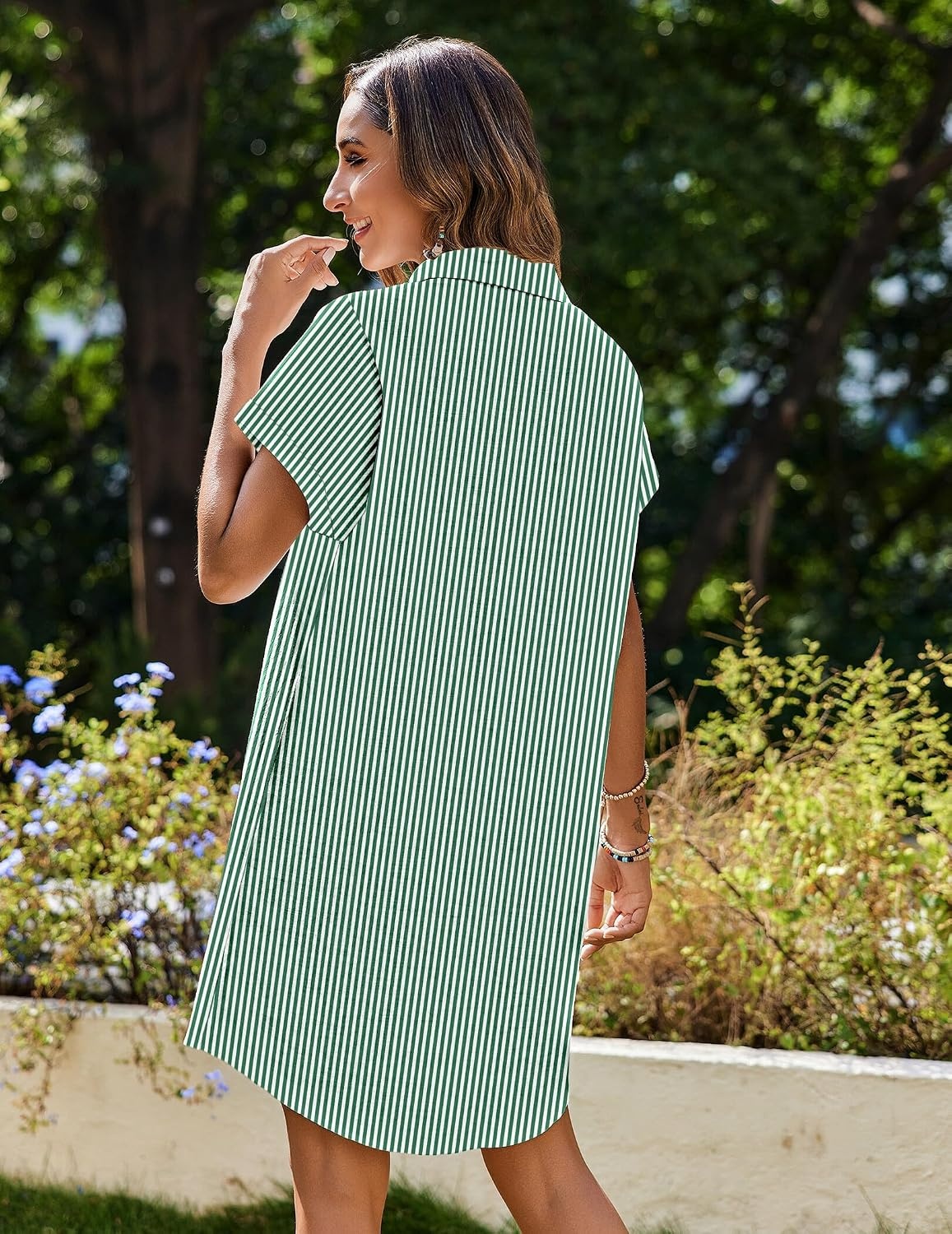 image:imageZeagoo Summer Dresses for Women 2026 Cotton Button Down Short Sleeve Tshirt Dresses Casual Mini Beach DressGreen Stripes