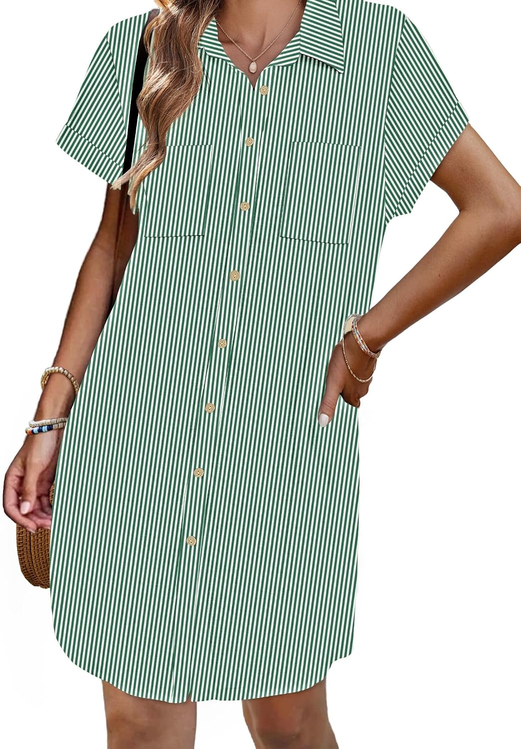 image:imageZeagoo Summer Dresses for Women 2026 Cotton Button Down Short Sleeve Tshirt Dresses Casual Mini Beach DressGreen Stripes