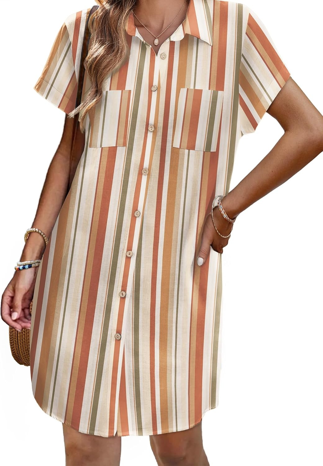 image:imageZeagoo Summer Dresses for Women 2026 Cotton Button Down Short Sleeve Tshirt Dresses Casual Mini Beach DressKhaki Stripes