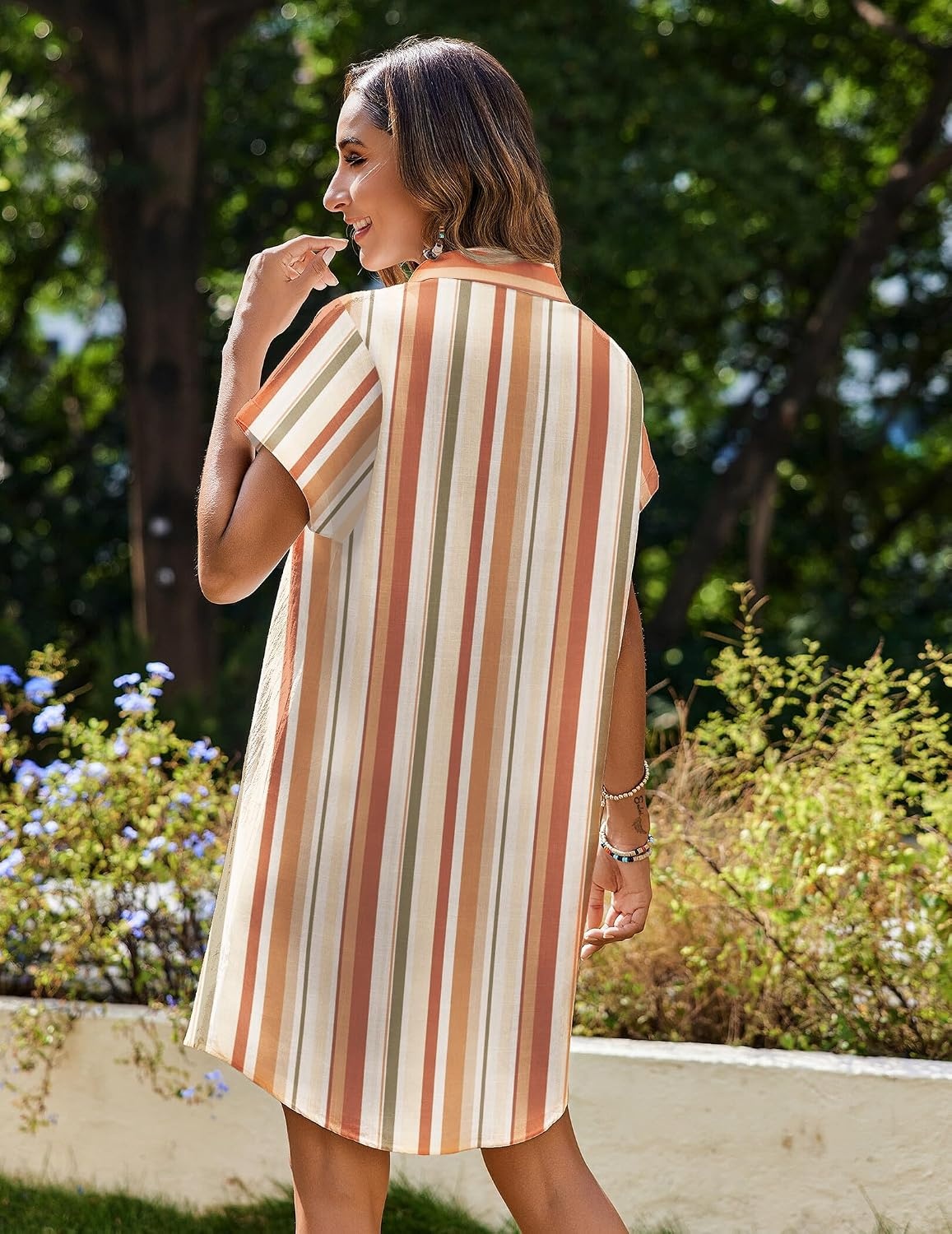 image:imageZeagoo Summer Dresses for Women 2026 Cotton Button Down Short Sleeve Tshirt Dresses Casual Mini Beach DressKhaki Stripes