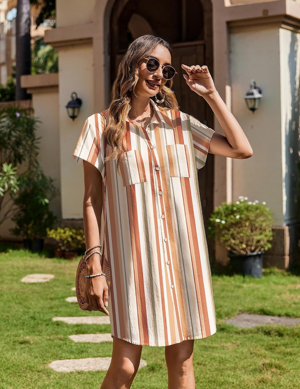 image:imageZeagoo Summer Dresses for Women 2026 Cotton Button Down Short Sleeve Tshirt Dresses Casual Mini Beach DressKhaki Stripes