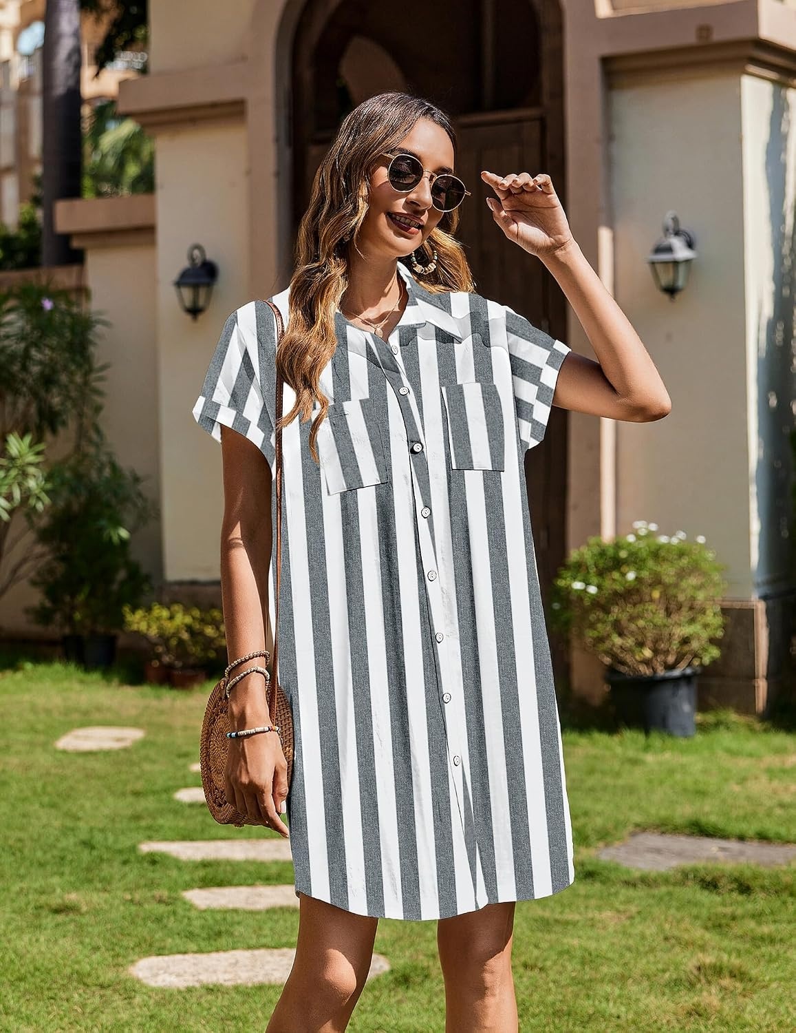 image:imageZeagoo Summer Dresses for Women 2026 Cotton Button Down Short Sleeve Tshirt Dresses Casual Mini Beach DressKhaki White Stripes