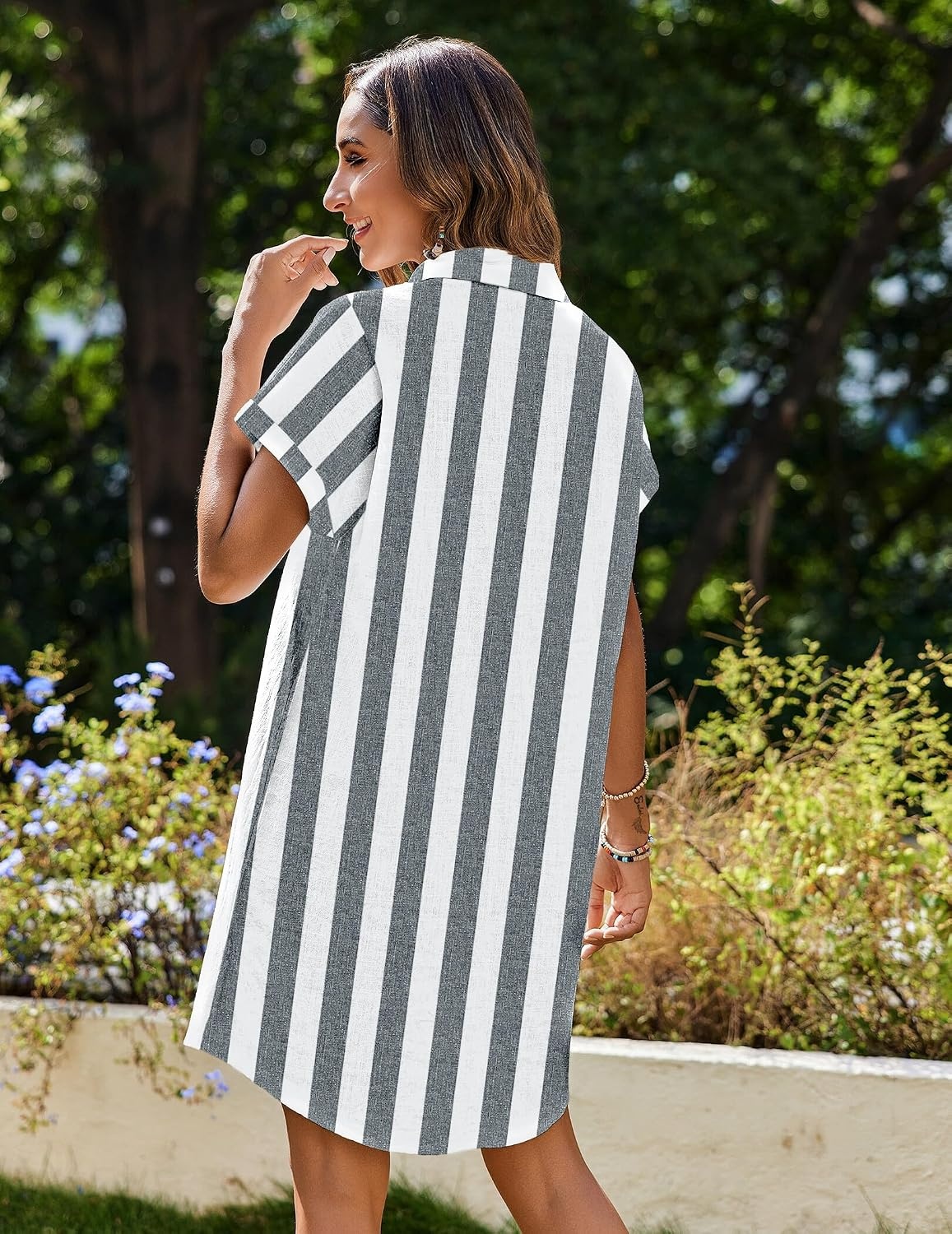 image:imageZeagoo Summer Dresses for Women 2026 Cotton Button Down Short Sleeve Tshirt Dresses Casual Mini Beach DressKhaki White Stripes