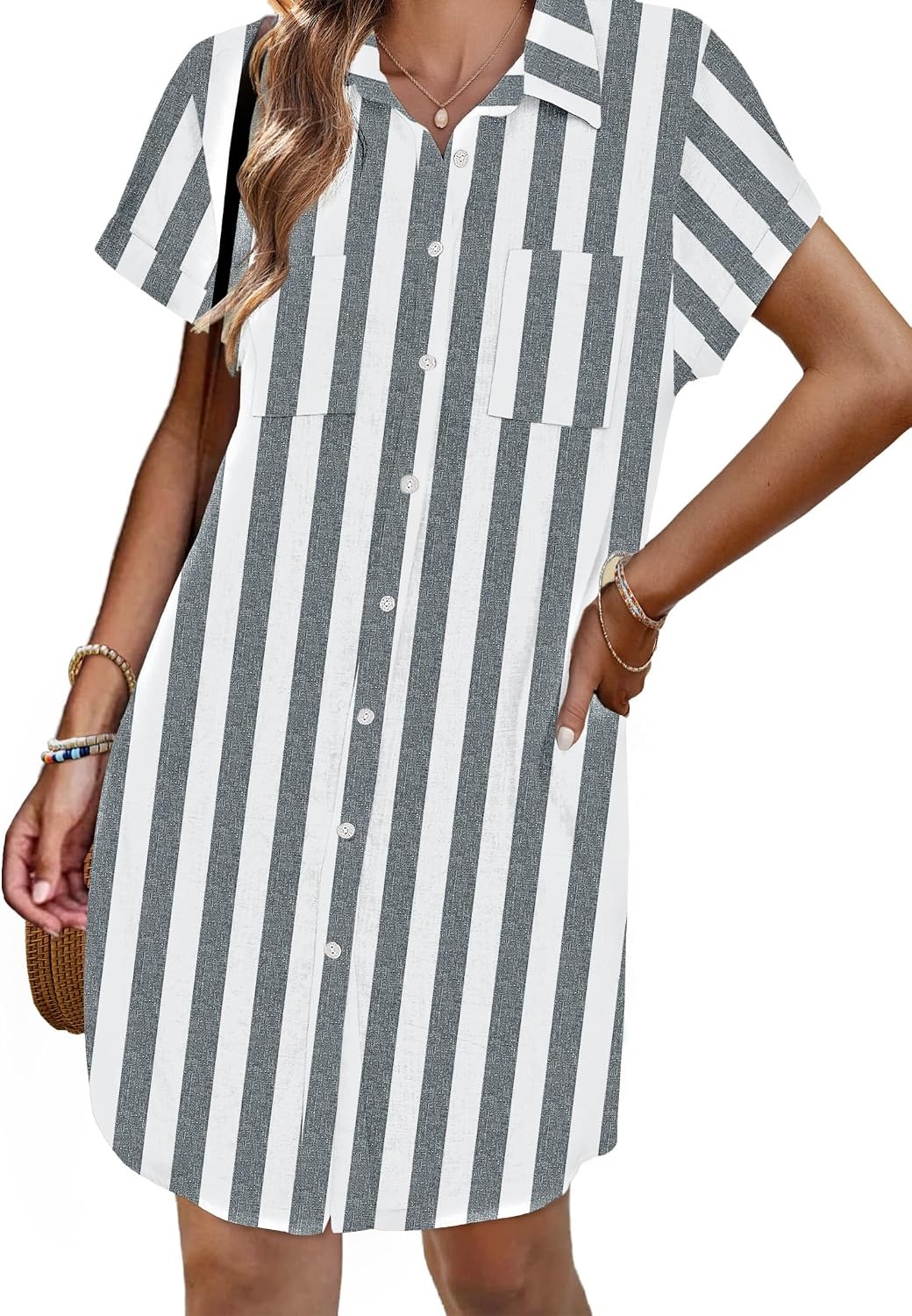 image:imageZeagoo Summer Dresses for Women 2026 Cotton Button Down Short Sleeve Tshirt Dresses Casual Mini Beach DressKhaki White Stripes