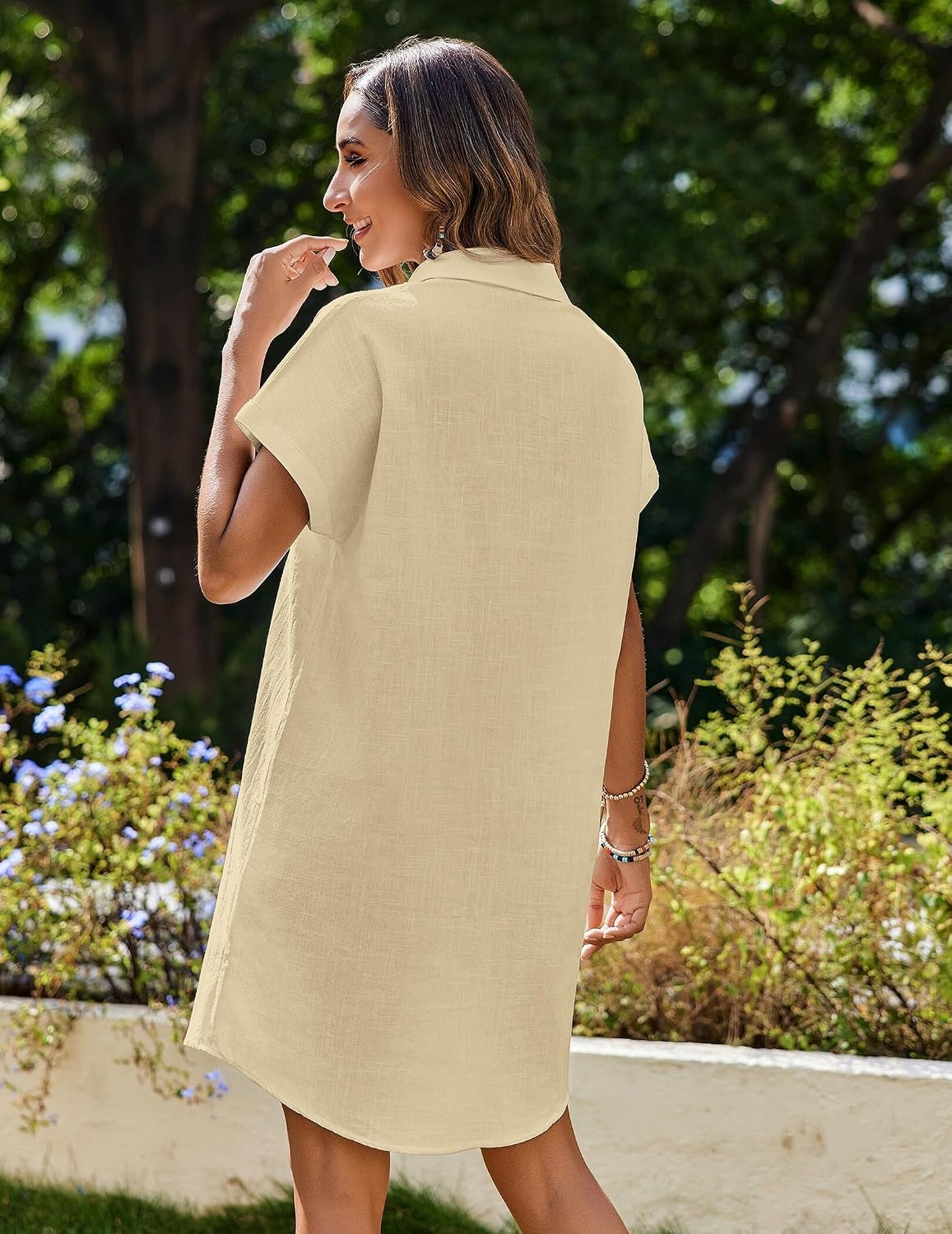 image:imageZeagoo Summer Dresses for Women 2026 Cotton Button Down Short Sleeve Tshirt Dresses Casual Mini Beach DressLight Khaki