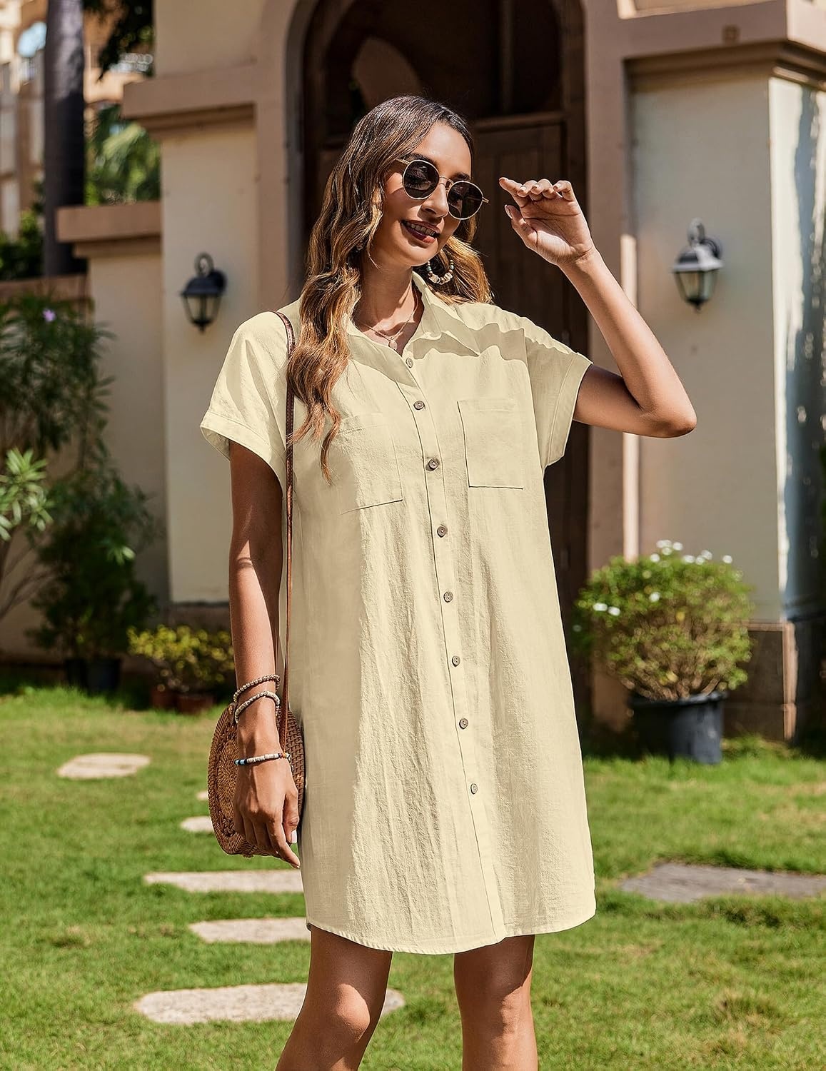 image:imageZeagoo Summer Dresses for Women 2026 Cotton Button Down Short Sleeve Tshirt Dresses Casual Mini Beach DressLight Khaki