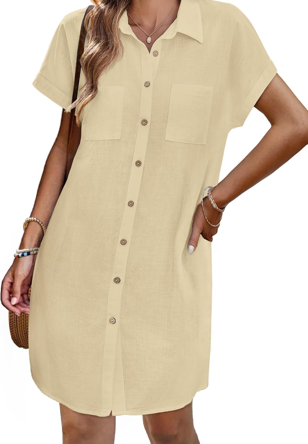 image:imageZeagoo Summer Dresses for Women 2026 Cotton Button Down Short Sleeve Tshirt Dresses Casual Mini Beach DressLight Khaki