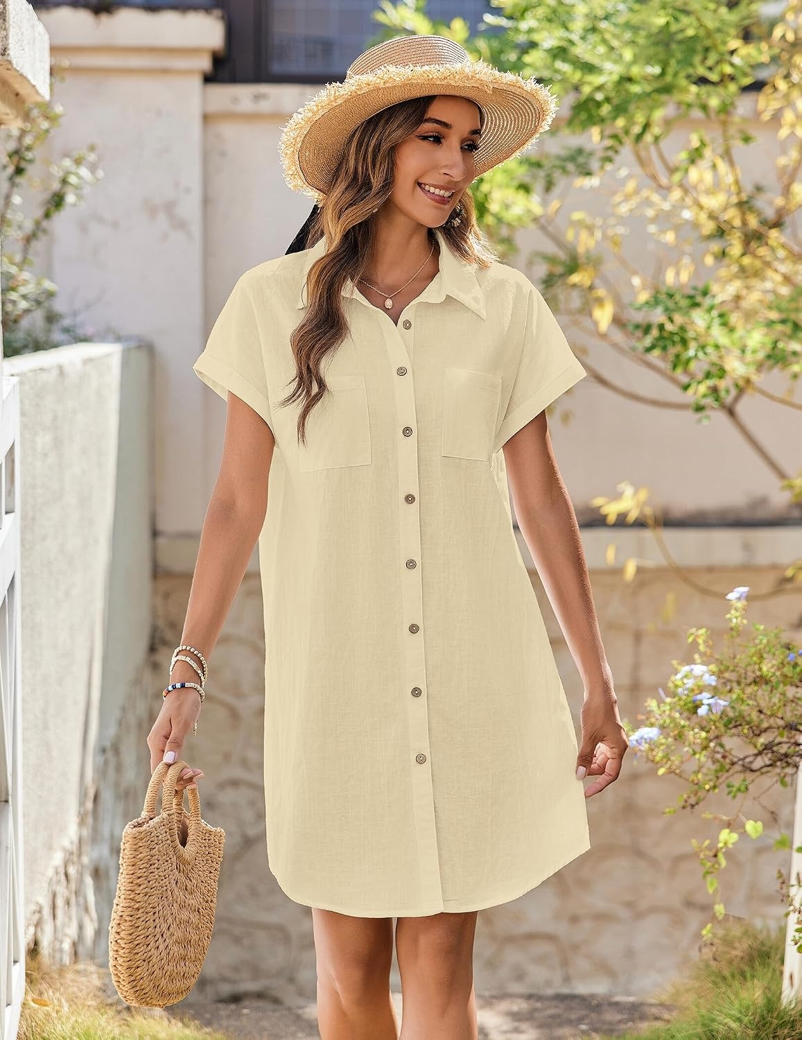 image:imageZeagoo Summer Dresses for Women 2026 Cotton Button Down Short Sleeve Tshirt Dresses Casual Mini Beach DressLight Khaki