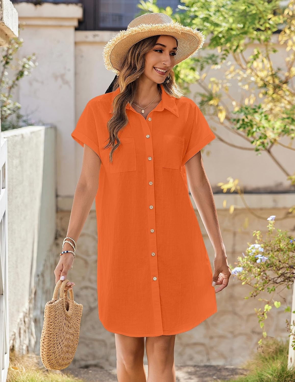 image:imageZeagoo Summer Dresses for Women 2026 Cotton Button Down Short Sleeve Tshirt Dresses Casual Mini Beach DressOrange