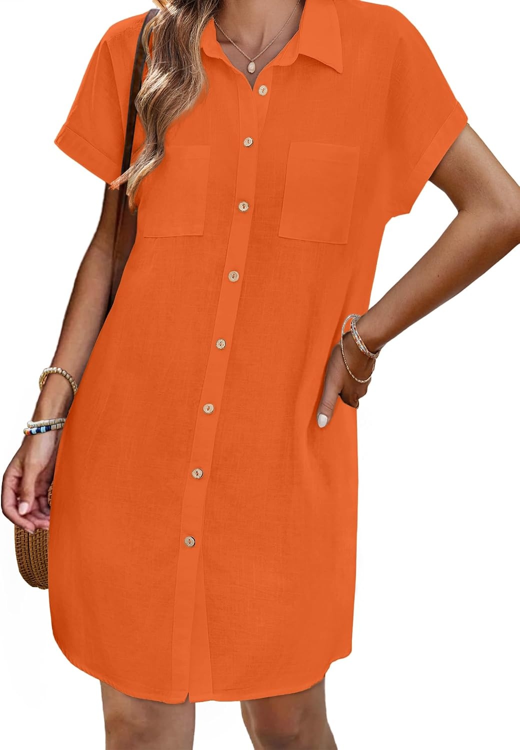 image:imageZeagoo Summer Dresses for Women 2026 Cotton Button Down Short Sleeve Tshirt Dresses Casual Mini Beach DressOrange