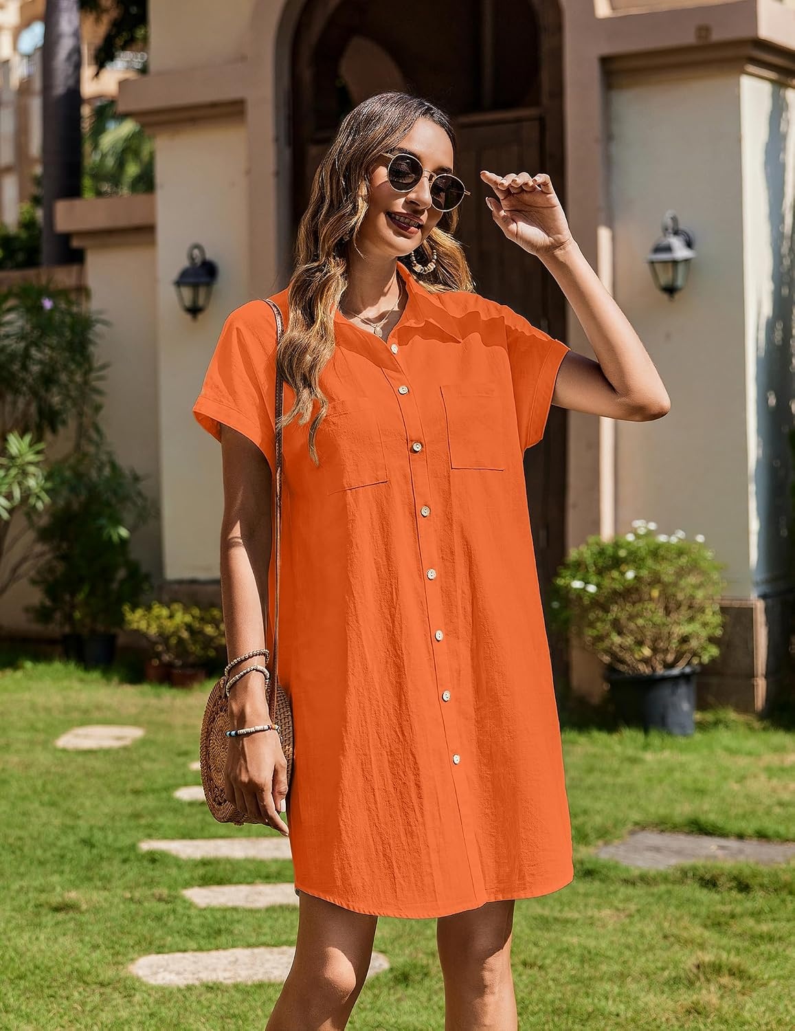 image:imageZeagoo Summer Dresses for Women 2026 Cotton Button Down Short Sleeve Tshirt Dresses Casual Mini Beach DressOrange