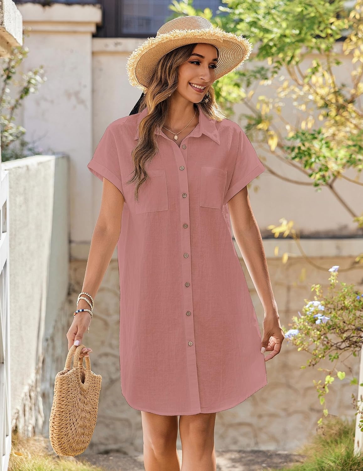 image:imageZeagoo Summer Dresses for Women 2026 Cotton Button Down Short Sleeve Tshirt Dresses Casual Mini Beach DressPink
