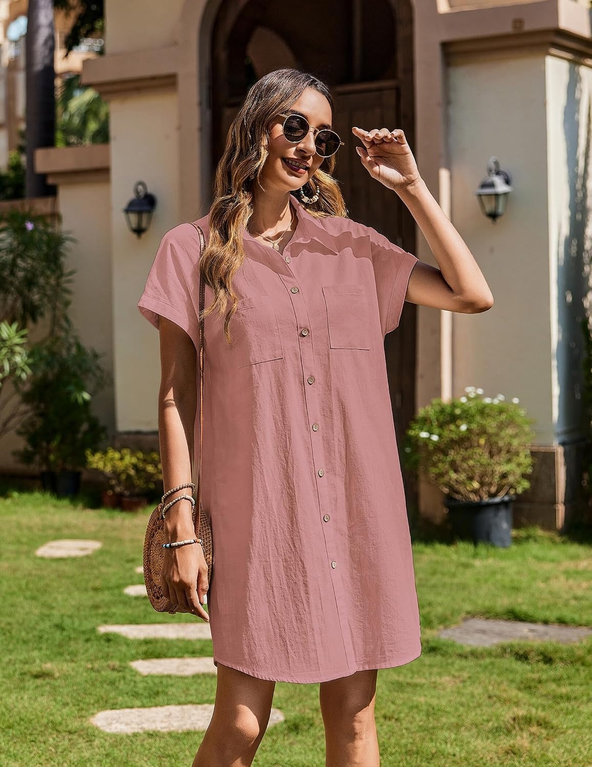 image:imageZeagoo Summer Dresses for Women 2026 Cotton Button Down Short Sleeve Tshirt Dresses Casual Mini Beach DressPink