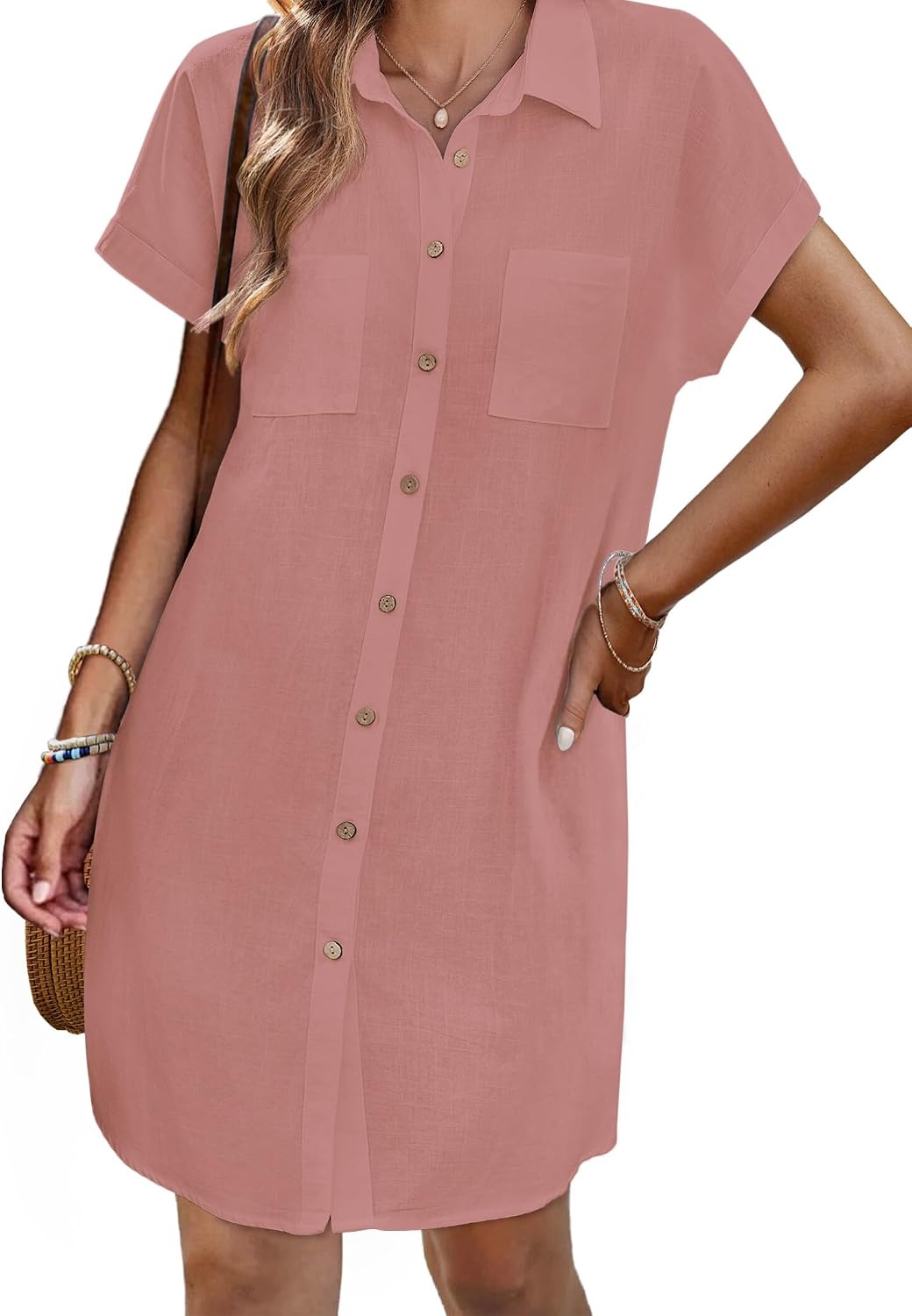 image:imageZeagoo Summer Dresses for Women 2026 Cotton Button Down Short Sleeve Tshirt Dresses Casual Mini Beach DressPink
