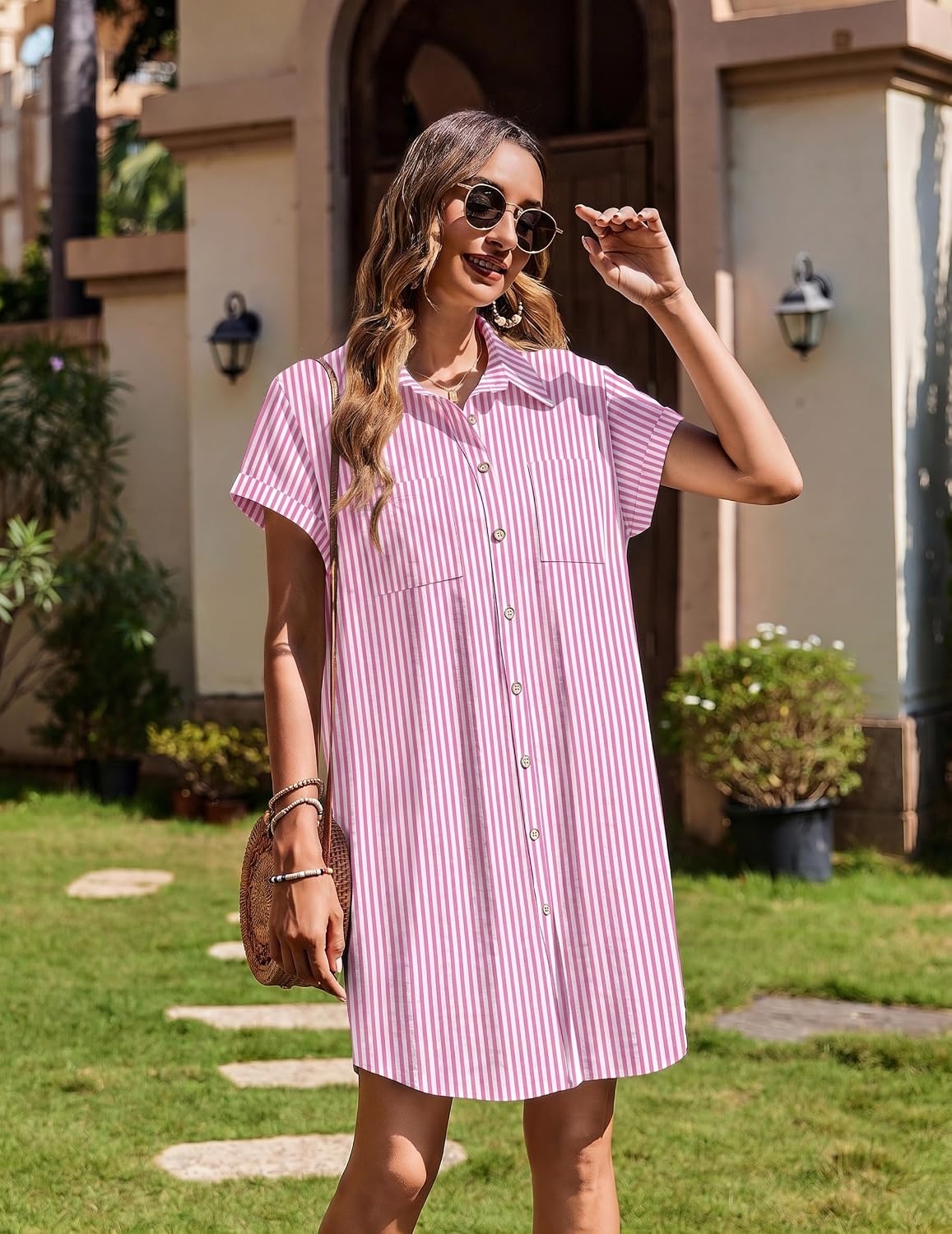 image:imageZeagoo Summer Dresses for Women 2026 Cotton Button Down Short Sleeve Tshirt Dresses Casual Mini Beach DressPink Stripes