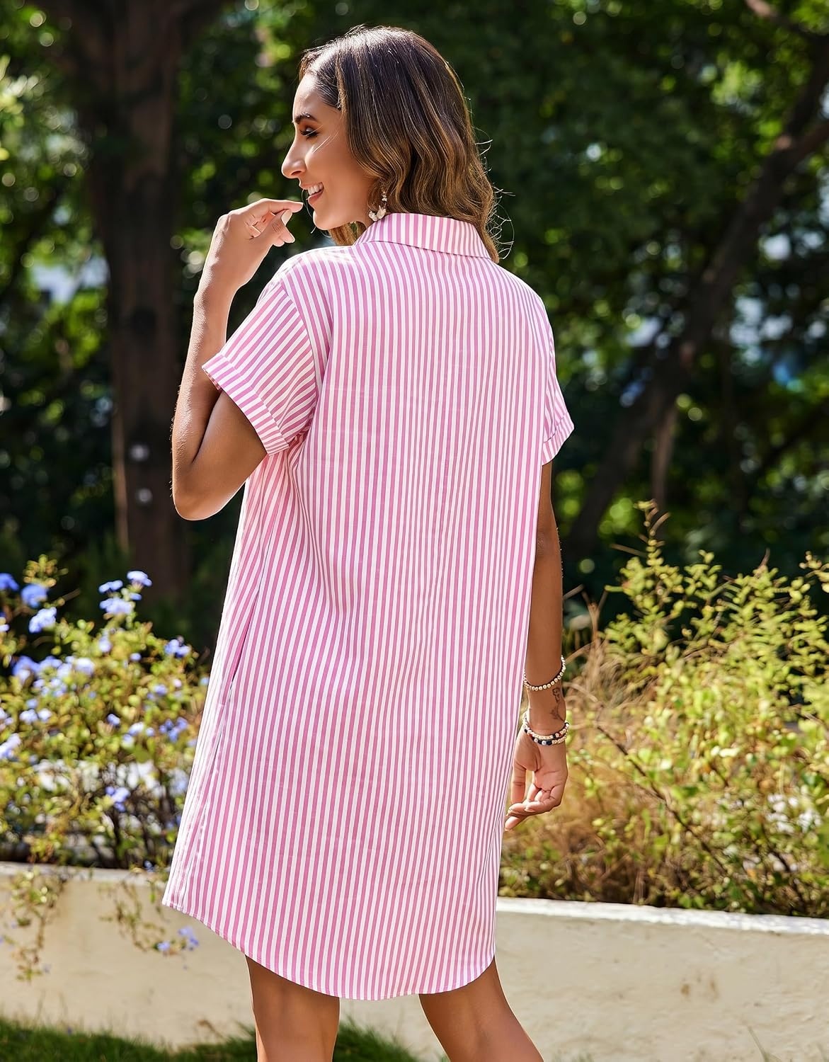 image:imageZeagoo Summer Dresses for Women 2026 Cotton Button Down Short Sleeve Tshirt Dresses Casual Mini Beach DressPink Stripes