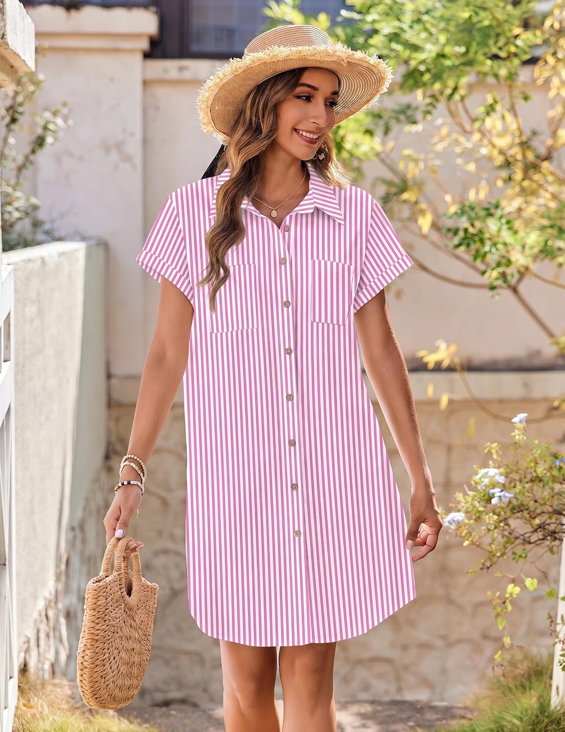 image:imageZeagoo Summer Dresses for Women 2026 Cotton Button Down Short Sleeve Tshirt Dresses Casual Mini Beach DressPink Stripes