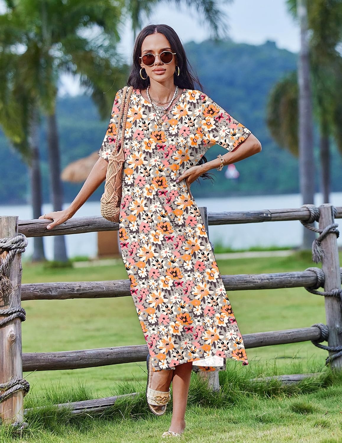 image:imageZeagoo Summer Dresses for Women 2026 Maxi Dresses Vacation Sundress Short Sleeve Casual Sundresses Split Dress with Pockets01 Colorful